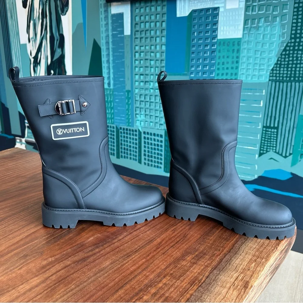 Louis Vuitton Black Matte Leather Winter Rain Boots